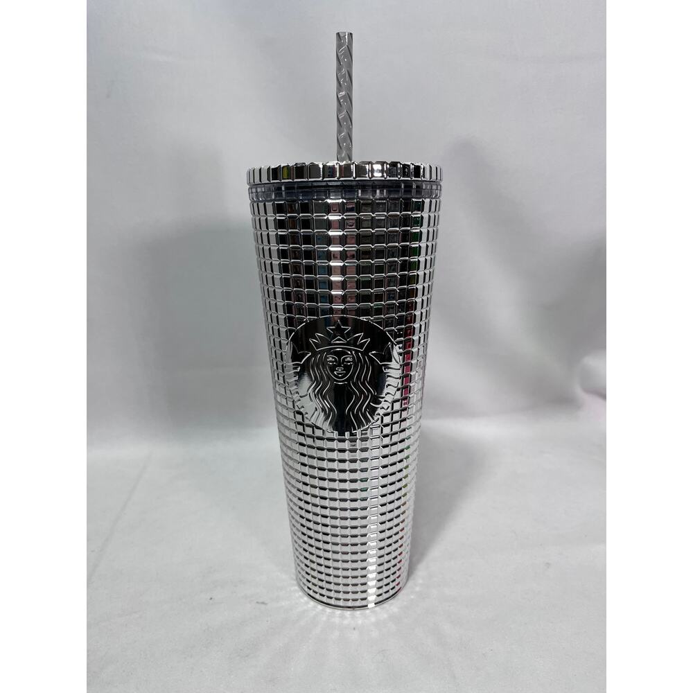 NWT❗️Starbucks 2023 Silver Chrome Grid Cold Beverage Tumbler‎ 24 Oz